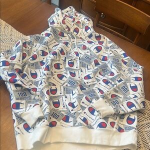 Vintage Inspired Champion Logo Hoodie in White and Blue